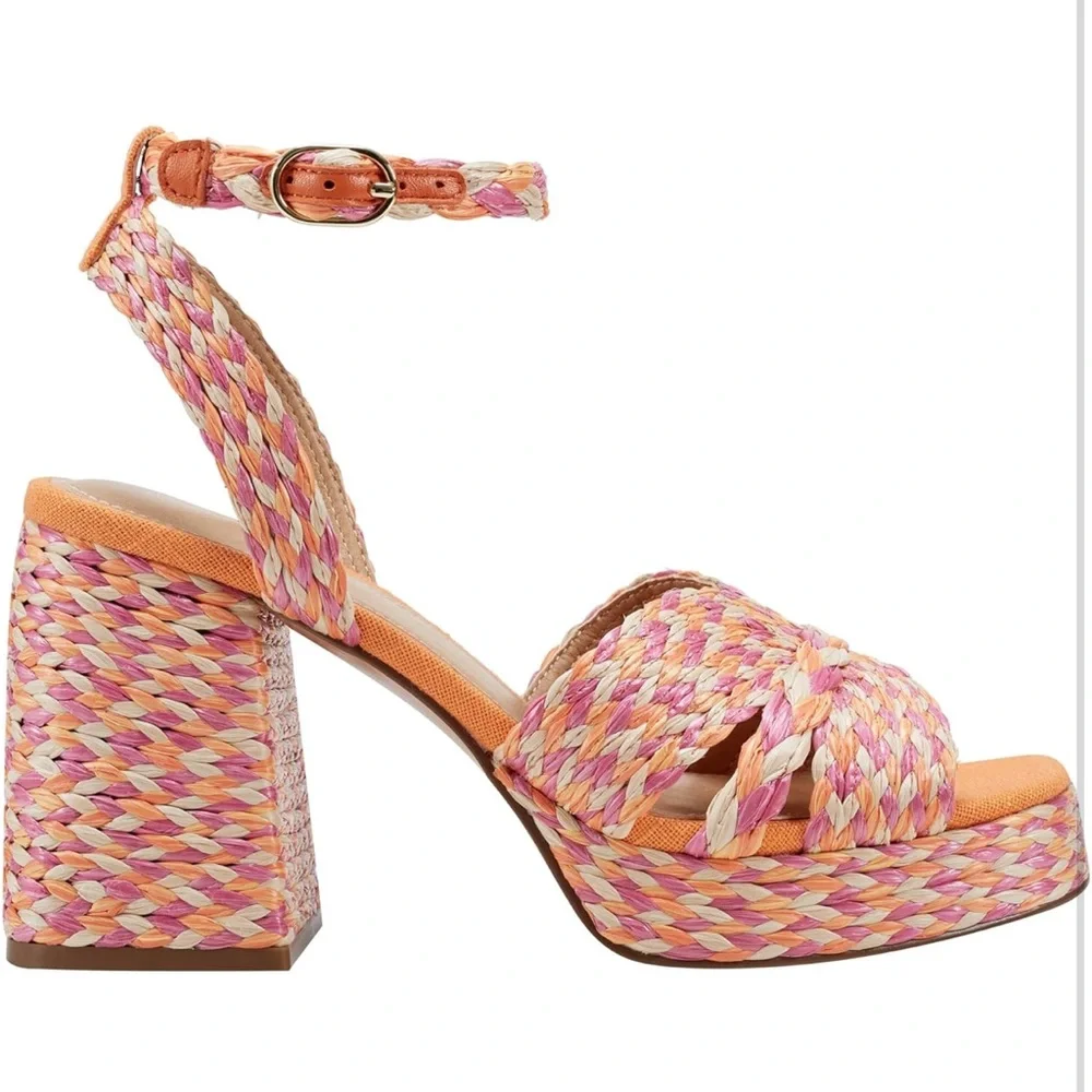 NWT Marc Fisher LTD Raffia Platform Sandals - Janie, Pink Multi, Size 9